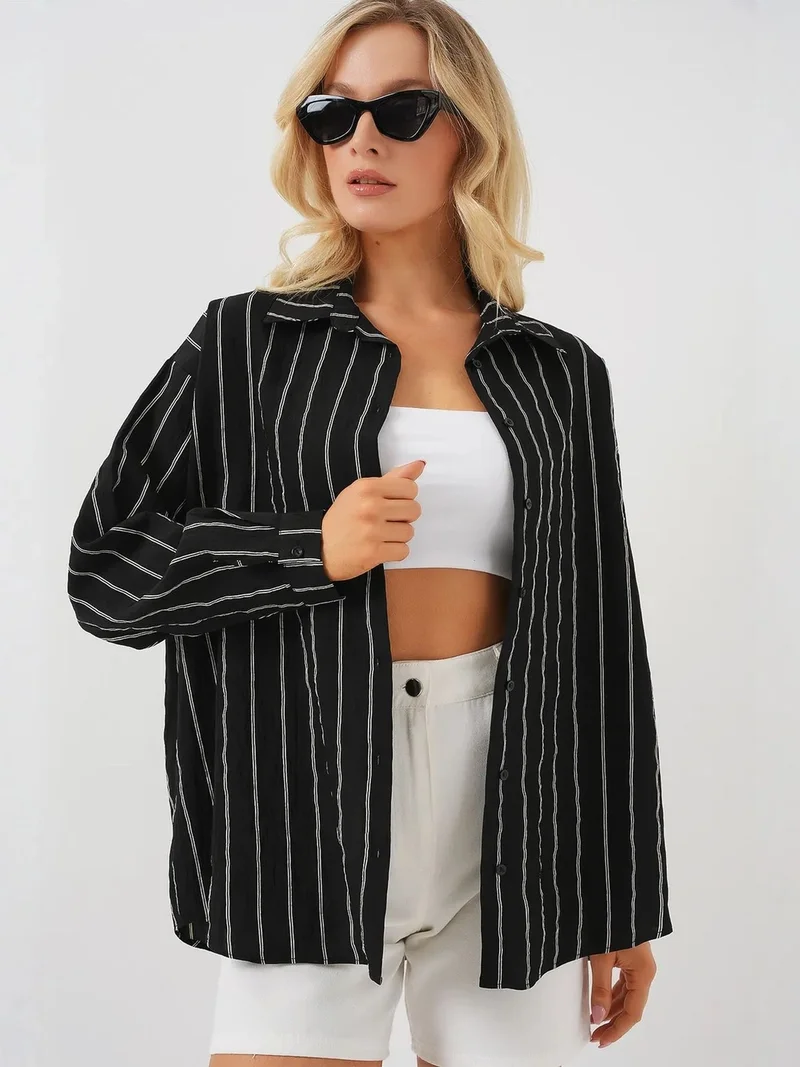 بيغ دارت BDART Textured Striped Oversized Shirt with Button Closure