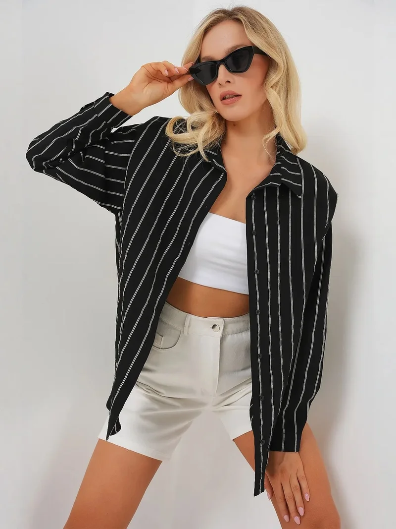 بيغ دارت BDART Textured Striped Oversized Shirt with Button Closure