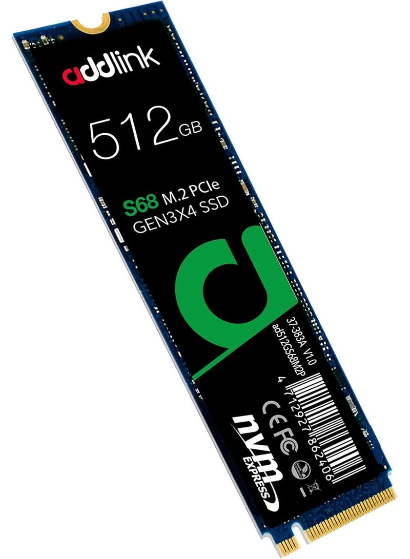 آدد لينك محرك أقراص داخلي addlink S68 بسعة 512 جيجابايت من نوع SSD (تقنية TLC)، واجهة NVMe M.2 PCIe Gen3x4 (مقاس 2280)، سرعة قراءة 3500 ميجابايت/ثانية وسرعة كتابة 1700 ميجابايت/ثانية. 512 GB - Image 1