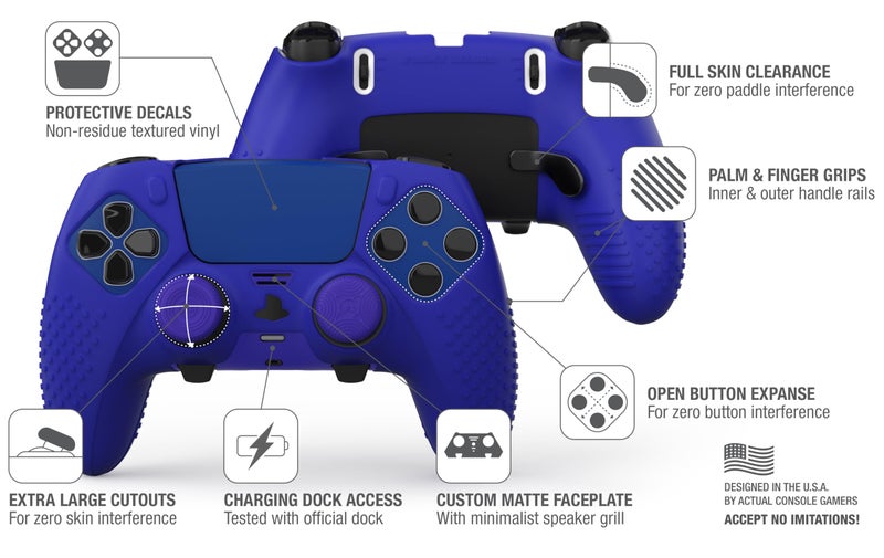 Foamy Lizard Eclipse PS5 Edge Controller Skin Combo Set | Dock Compatible, Protector Decals, Anti-Slip Soft Gel Silicone Cover, Faceplate Shell & Thumb Grips for PlayStation 5 DualSense Edge (Blue) - Image 4