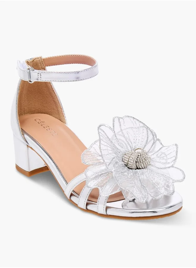 Celeste Girls' Flower Applique Sandals with Block Heels