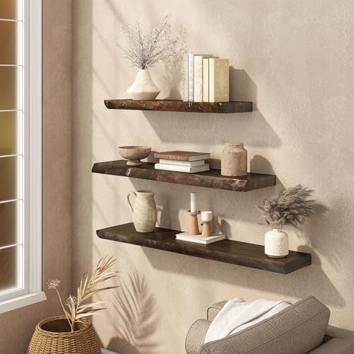 Realgulf Floating Shelves Set of 2, Solid Elm Wood Wall Shelves 24 Inch - Invisible Bracket Mount for Living Room, Bedroom, Kitchen, Bathroom - Brown - Image 5