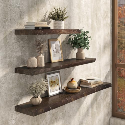 Realgulf Floating Shelves Set of 2, Solid Elm Wood Wall Shelves 24 Inch - Invisible Bracket Mount for Living Room, Bedroom, Kitchen, Bathroom - Brown - Image 2