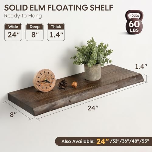 Realgulf Floating Shelves Set of 2, Solid Elm Wood Wall Shelves 24 Inch - Invisible Bracket Mount for Living Room, Bedroom, Kitchen, Bathroom - Brown - Image 3