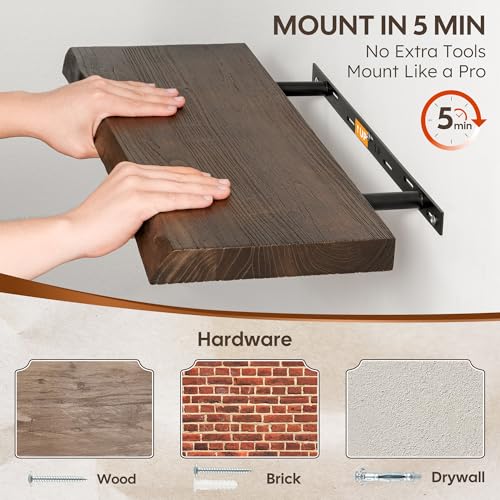Realgulf Floating Shelves Set of 2, Solid Elm Wood Wall Shelves 24 Inch - Invisible Bracket Mount for Living Room, Bedroom, Kitchen, Bathroom - Brown - Image 4