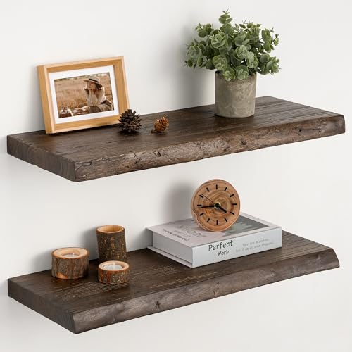Realgulf Floating Shelves Set of 2, Solid Elm Wood Wall Shelves 24 Inch - Invisible Bracket Mount for Living Room, Bedroom, Kitchen, Bathroom - Brown - Image 1
