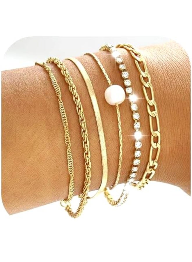 MXM Gold Diamond Layered Bracelet Set for Women, Waterproof Cuban Link Chain Dainty Stack Trendy Stackable Design for Girls Woman, Fashion Jewelry Gift (Pack D) - Image 1