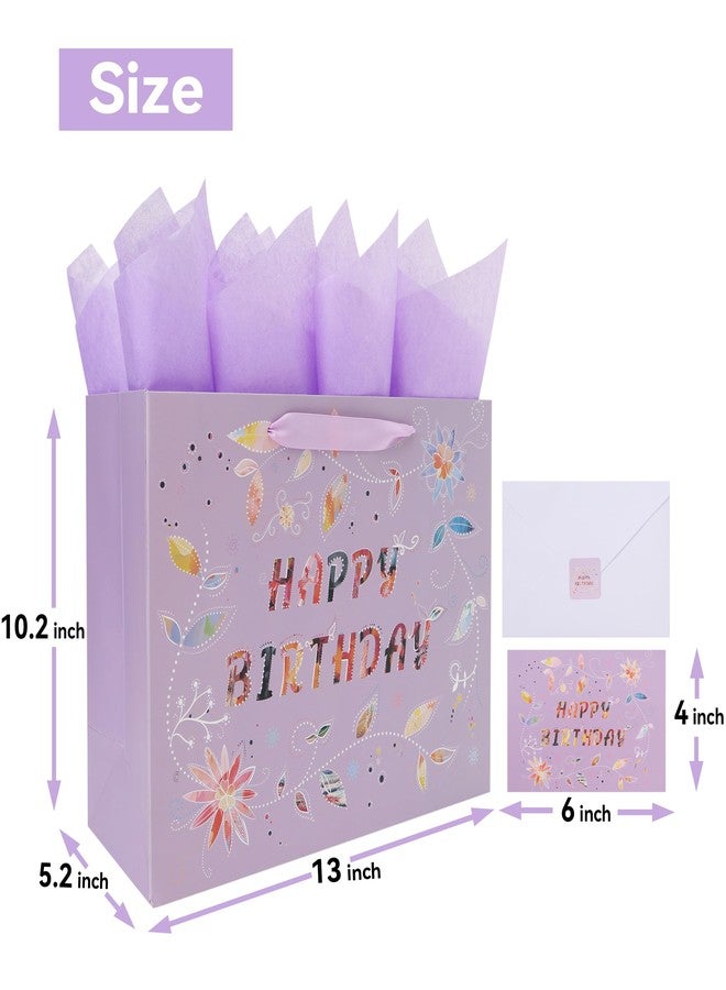 Qirrmiy 13'' Large Happy Birthday Gift Bag Set with Handles, Greeting Card, Purple Tissue Papers and Stickers for Women Girls, Purple Floral Design, 1 Pcs - Image 2