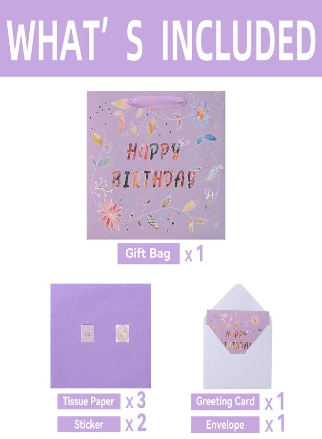 Qirrmiy 13'' Large Happy Birthday Gift Bag Set with Handles, Greeting Card, Purple Tissue Papers and Stickers for Women Girls, Purple Floral Design, 1 Pcs - Image 3