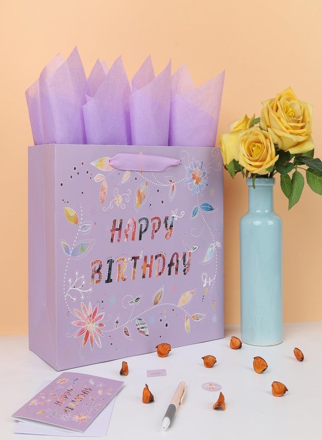 Qirrmiy 13'' Large Happy Birthday Gift Bag Set with Handles, Greeting Card, Purple Tissue Papers and Stickers for Women Girls, Purple Floral Design, 1 Pcs - Image 5