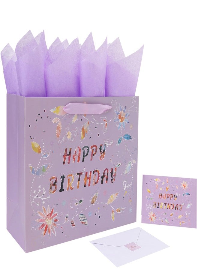 Qirrmiy 13'' Large Happy Birthday Gift Bag Set with Handles, Greeting Card, Purple Tissue Papers and Stickers for Women Girls, Purple Floral Design, 1 Pcs - Image 1