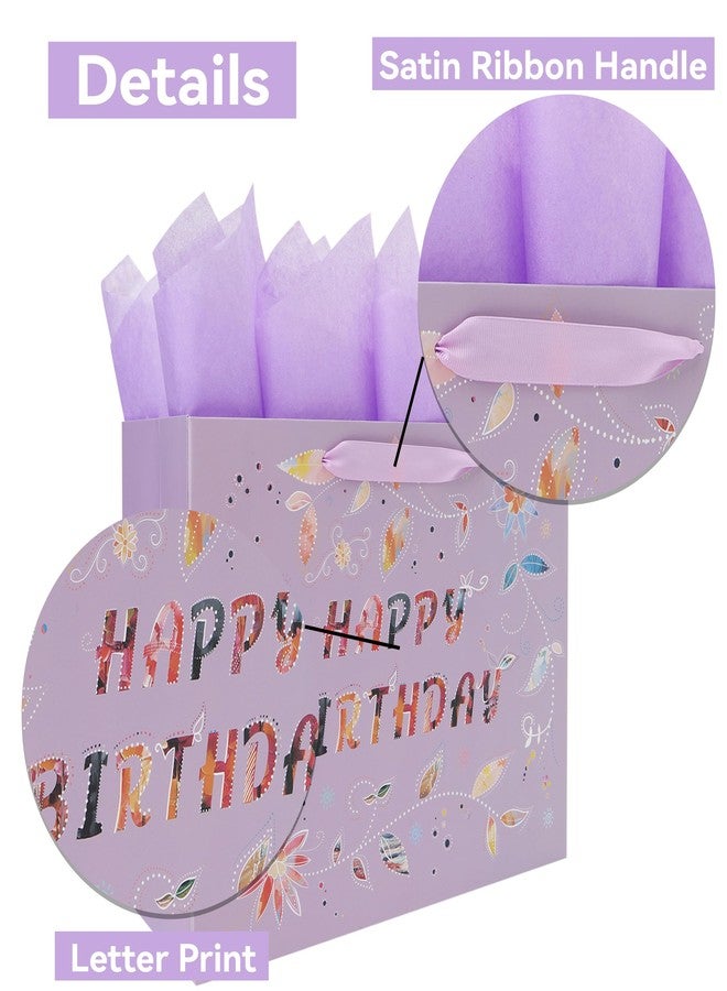 Qirrmiy 13'' Large Happy Birthday Gift Bag Set with Handles, Greeting Card, Purple Tissue Papers and Stickers for Women Girls, Purple Floral Design, 1 Pcs - Image 4