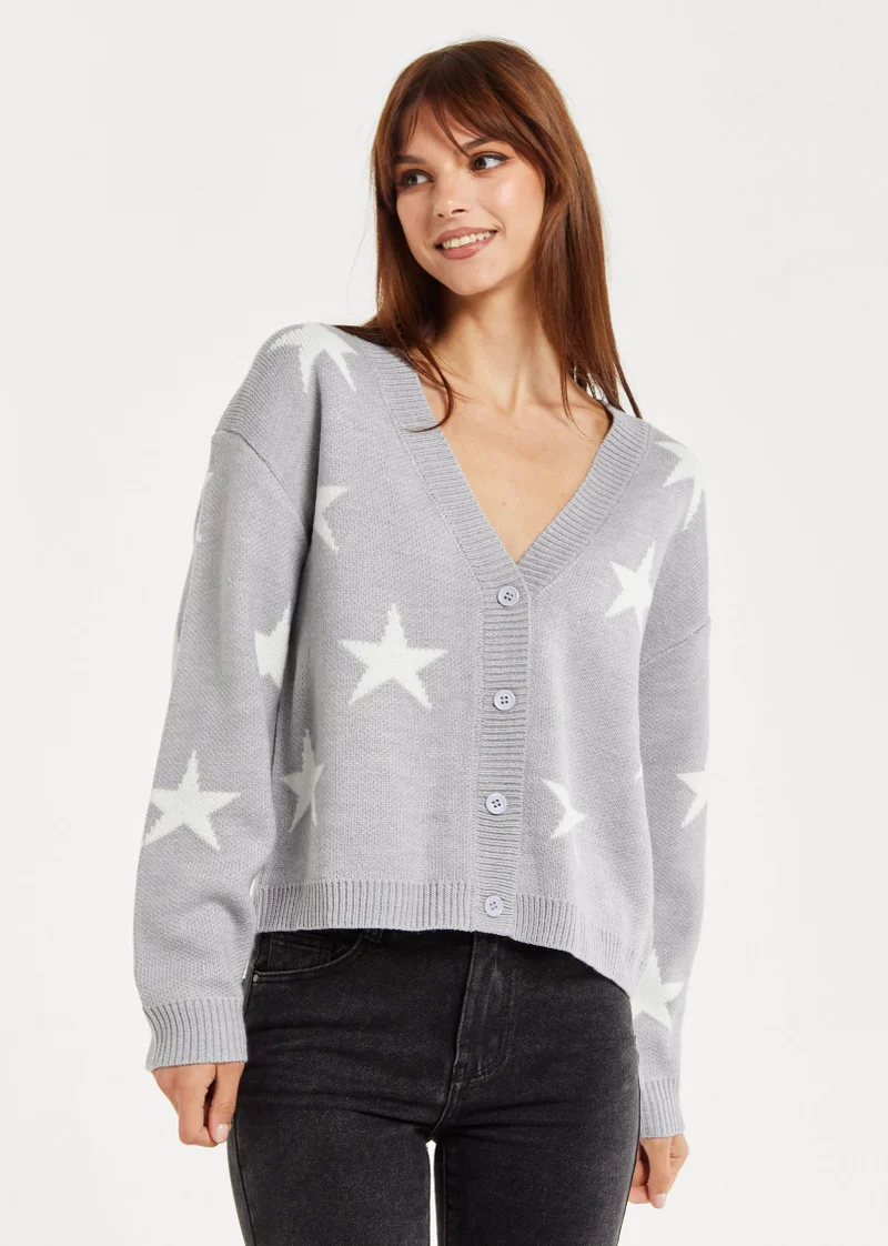 Liquorish Star Pattern Cardigan In Grey & White