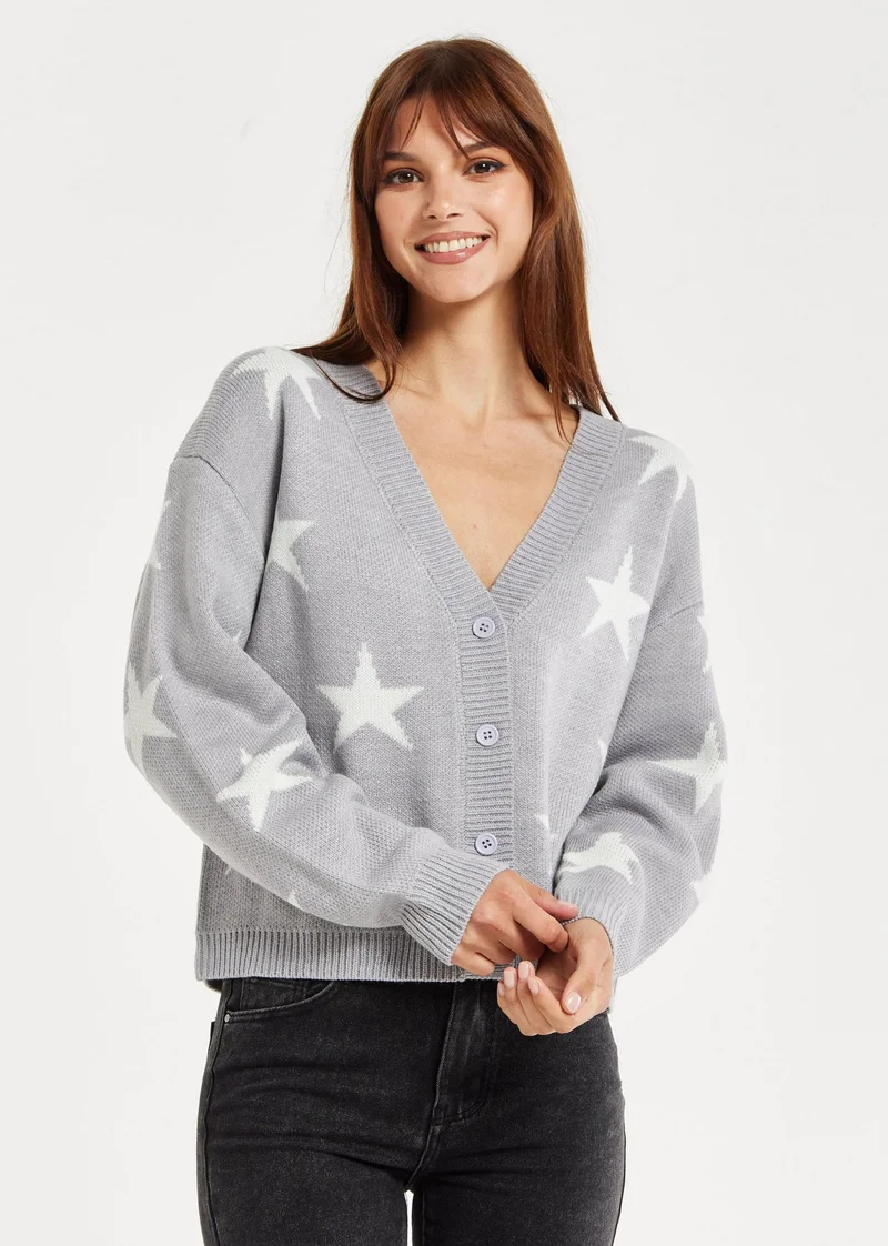 Liquorish  Star Pattern Cardigan In Grey & White for Women | Best Price UAE
