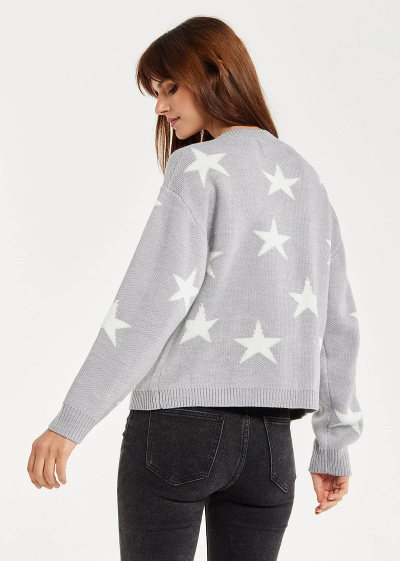 Liquorish  Star Pattern Cardigan In Grey & White for Women | Best Price UAE