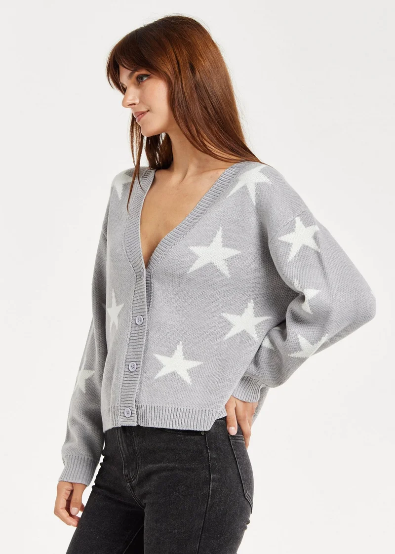 Liquorish  Star Pattern Cardigan In Grey & White for Women | Best Price UAE