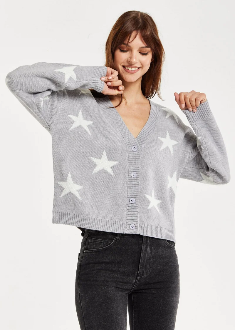 Liquorish  Star Pattern Cardigan In Grey & White for Women | Best Price UAE