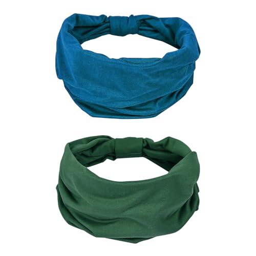 GiLi 2 Pack Wide Headbands for Women Boho African Knotted Non Slip Fashion Hair Bands Yoga Running Sports Workout Gym Head Wraps Elastic Soft Cotton Cloth Turbans Bandana for Girls (Dark Green, Teal) - Image 1