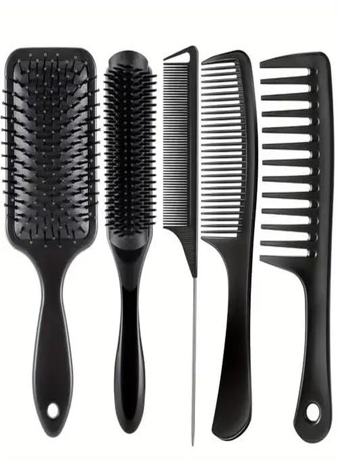 مجموعة فرشاة ومشط الشعر ميريوكس السوداء المكونة من 5 قطع - فرشاة فك تشابك الشعر، فرشاة دائرية، أمشاط ذات أسنان دقيقة وعريضة - مجموعة تصفيف لجميع أنواع الشعر، للنساء والرجال والأطفال - Image 1