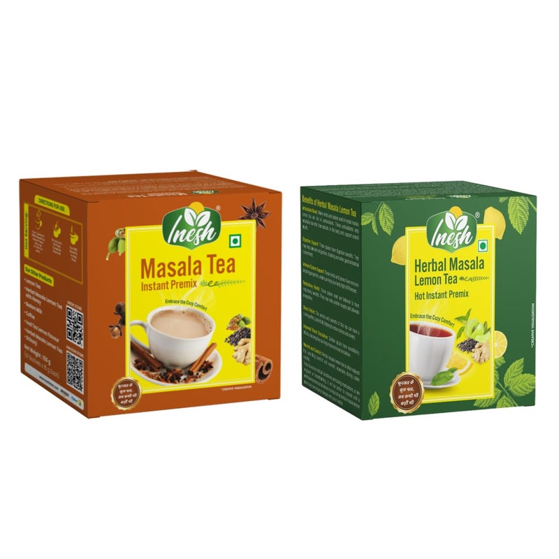 Inesh Masala Tea & Herbal Masala Lemon Tea Hot Instant Premix 10 Pouches in Box Total 20 Pouches Set of 2 (300 gm) - Image 1