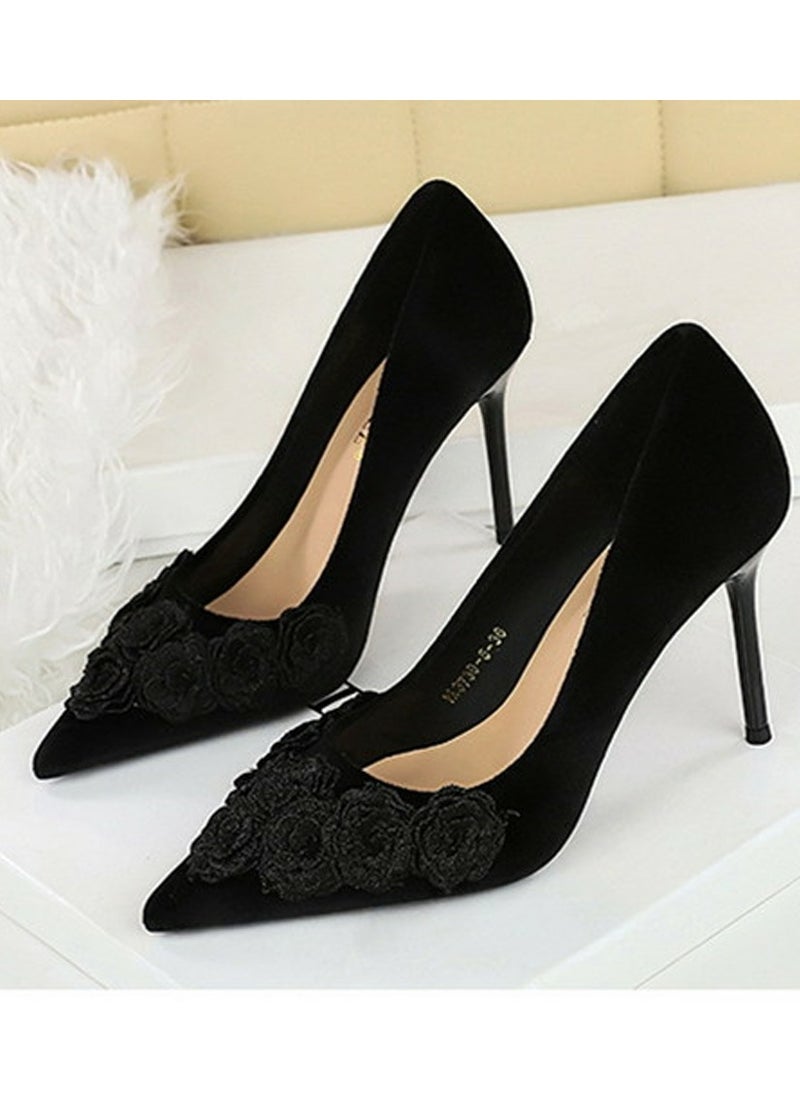 BIGTREE Women's Suede Closed Pointed Toe Stiletto Pump Floral Decoration High Heels Black 9 CM  - Image 1
