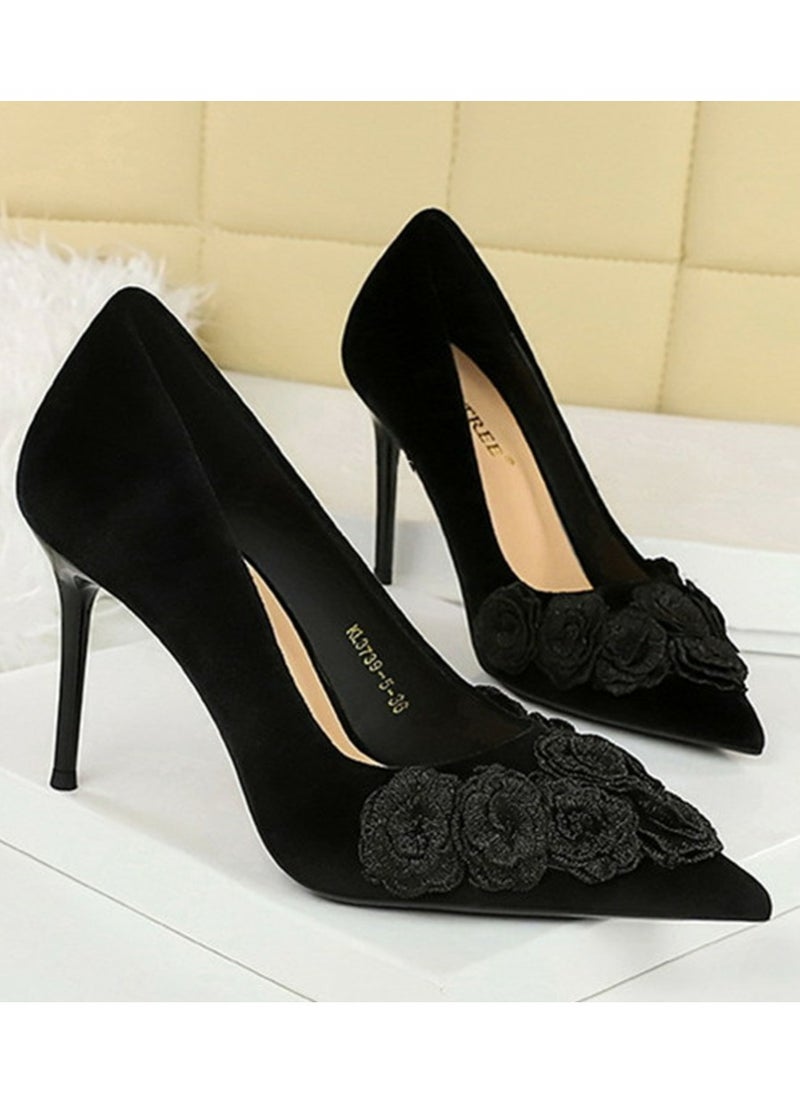 BIGTREE Women's Suede Closed Pointed Toe Stiletto Pump Floral Decoration High Heels Black 9 CM  - Image 2
