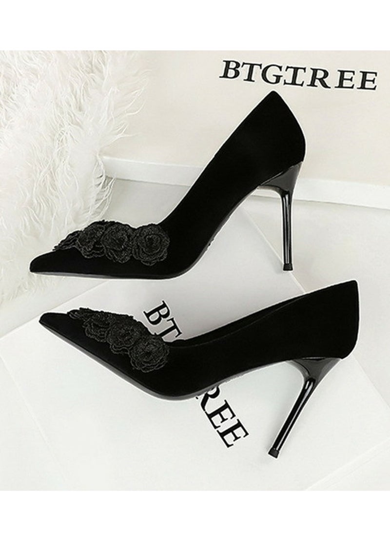 BIGTREE Women's Suede Closed Pointed Toe Stiletto Pump Floral Decoration High Heels Black 9 CM  - Image 3