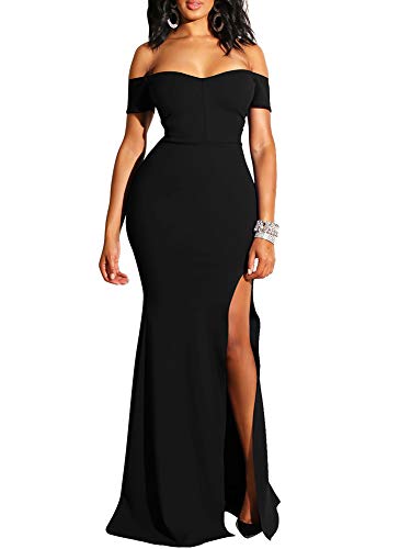 YMDUCH Women's Off Shoulder High Split Long Formal Party Dress Evening Gown Black - Image 3