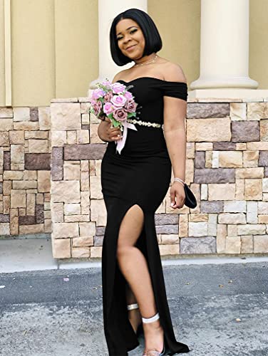 YMDUCH Women's Off Shoulder High Split Long Formal Party Dress Evening Gown Black - Image 5