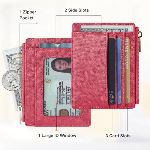 Sodsay Card Case Slim Front Pocket Wallet for Women Credit Card Holder with Keychain(CH Rose Red) - Image 2