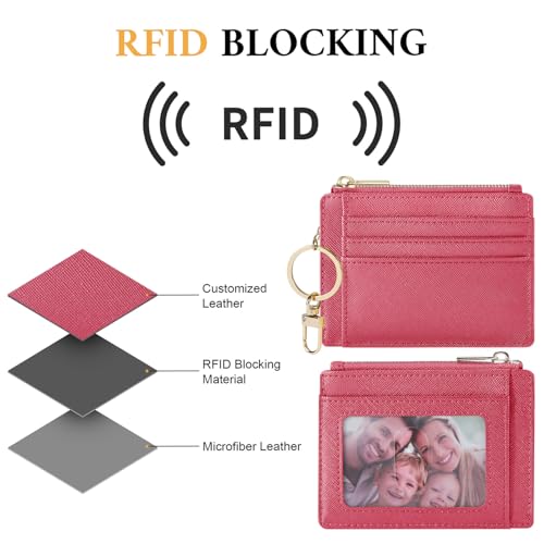 Sodsay Card Case Slim Front Pocket Wallet for Women Credit Card Holder with Keychain(CH Rose Red) - Image 5