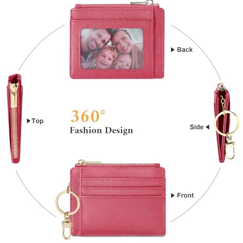 Sodsay Card Case Slim Front Pocket Wallet for Women Credit Card Holder with Keychain(CH Rose Red) - Image 4