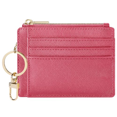 Sodsay Card Case Slim Front Pocket Wallet for Women Credit Card Holder with Keychain(CH Rose Red) - Image 1