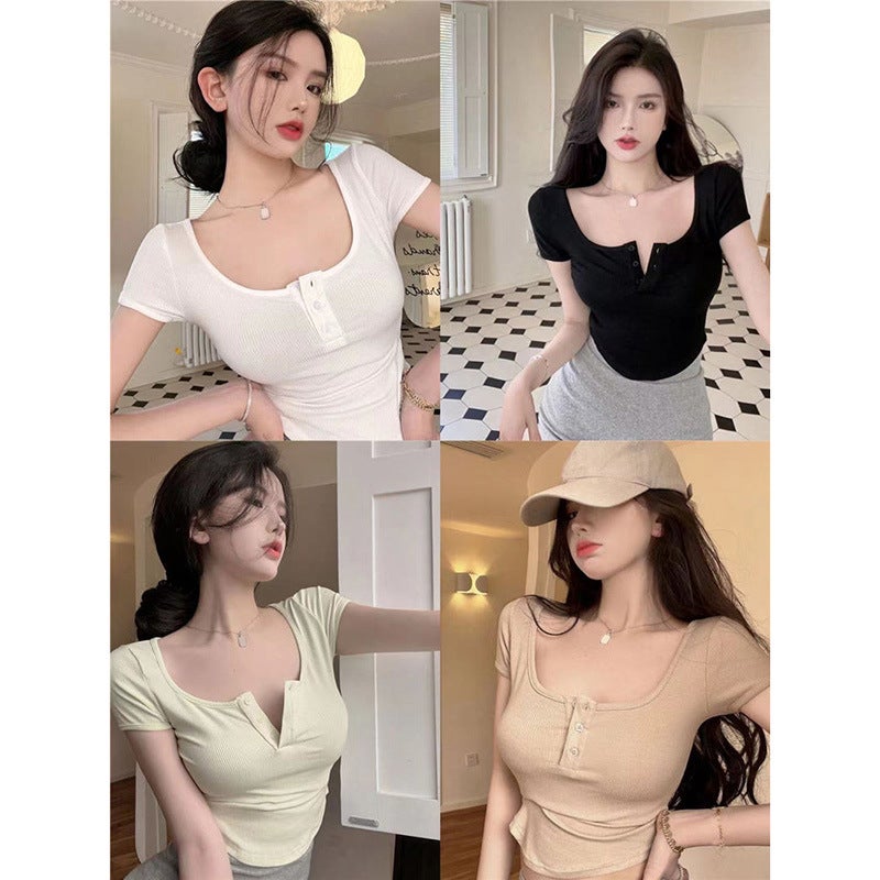 Irregular Short T-Shirt Women'S 2025 Summer Pure Desire U-Neck Leaky Collarbone Slim Short-Sleeved Threaded Top Trendy - Image 2