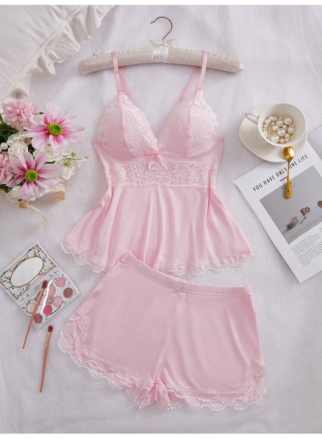 نيبمينينت مجموعة نوم نسائية من NIBEMINENT بتصميم بدون أكمام مع حواف من الدانتيل - ملابس نوم من modal شورت من قطعتين للاسترخاء في المنزل - Image 1