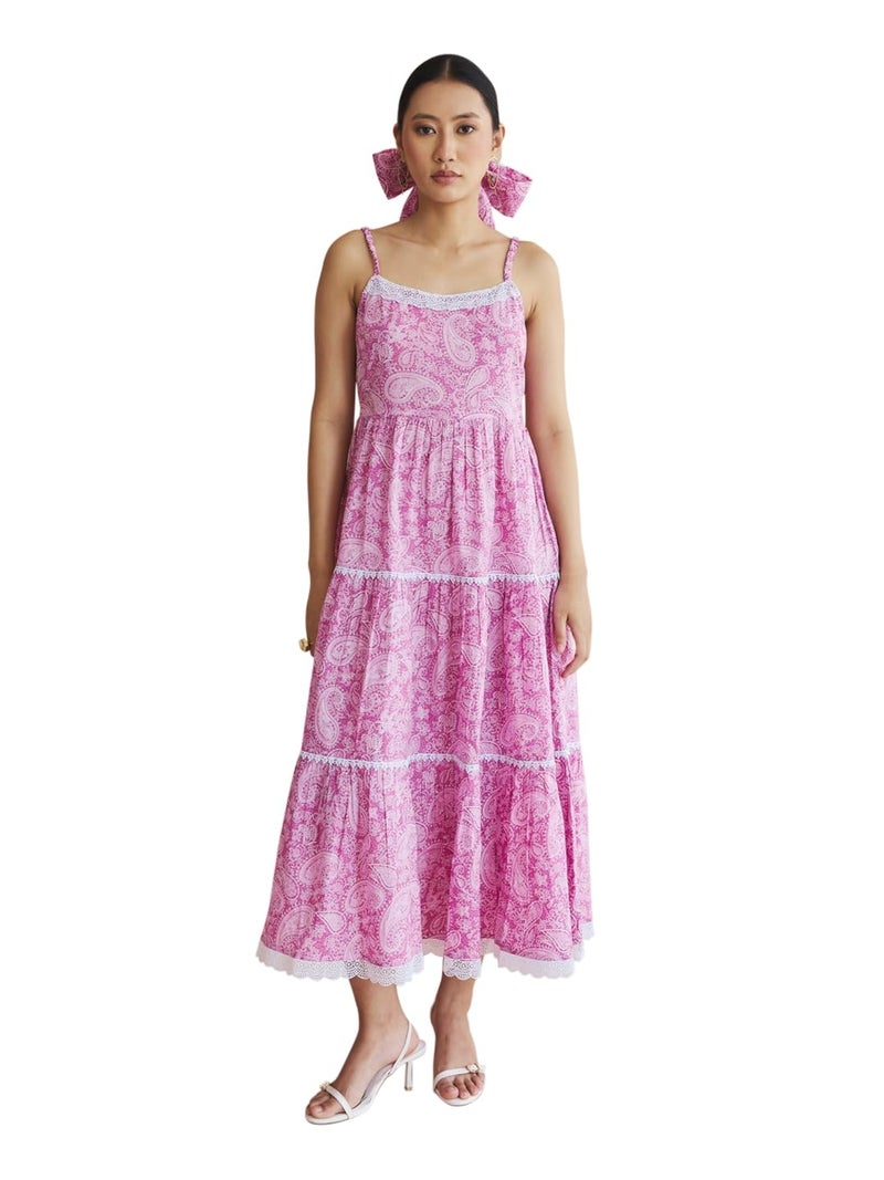 FIORRA Women's Pink Paisley Print Cotton Midi Dress with Lace Detailing DR0032 - Image 1