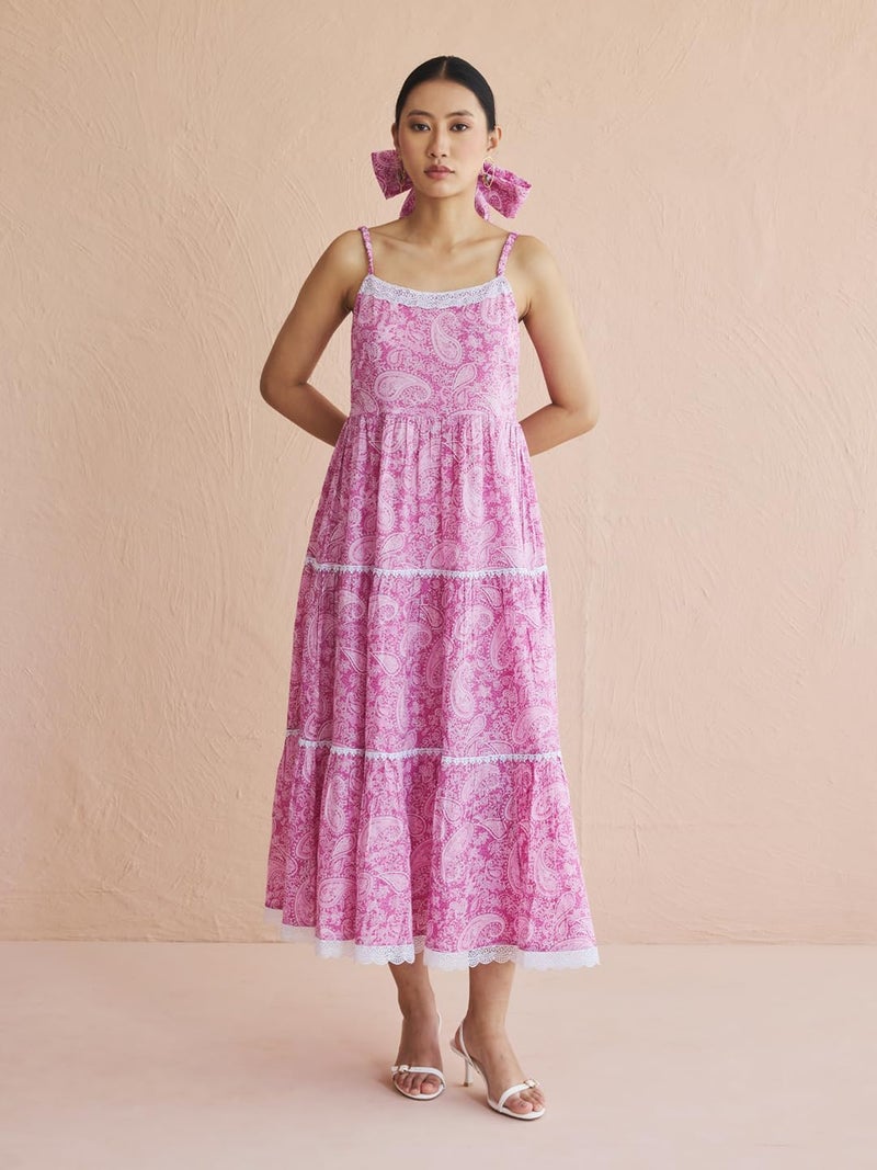 FIORRA Women's Pink Paisley Print Cotton Midi Dress with Lace Detailing DR0032 - Image 4