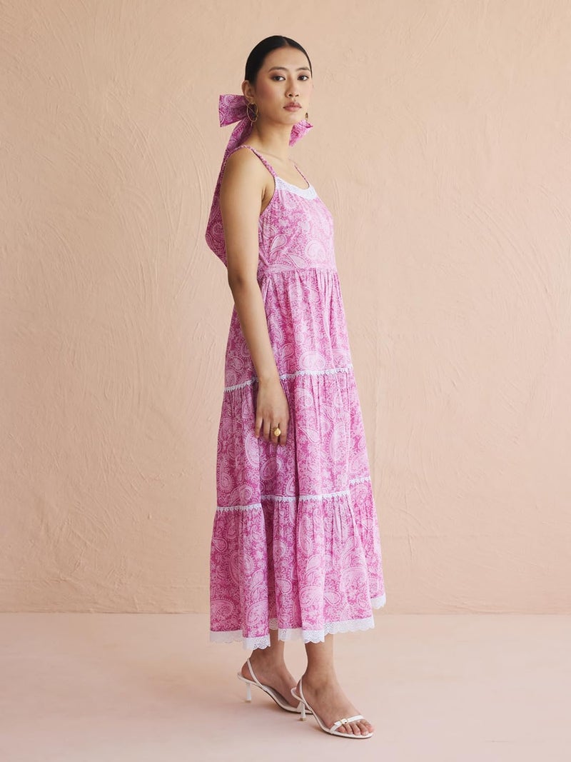 FIORRA Women's Pink Paisley Print Cotton Midi Dress with Lace Detailing DR0032 - Image 3