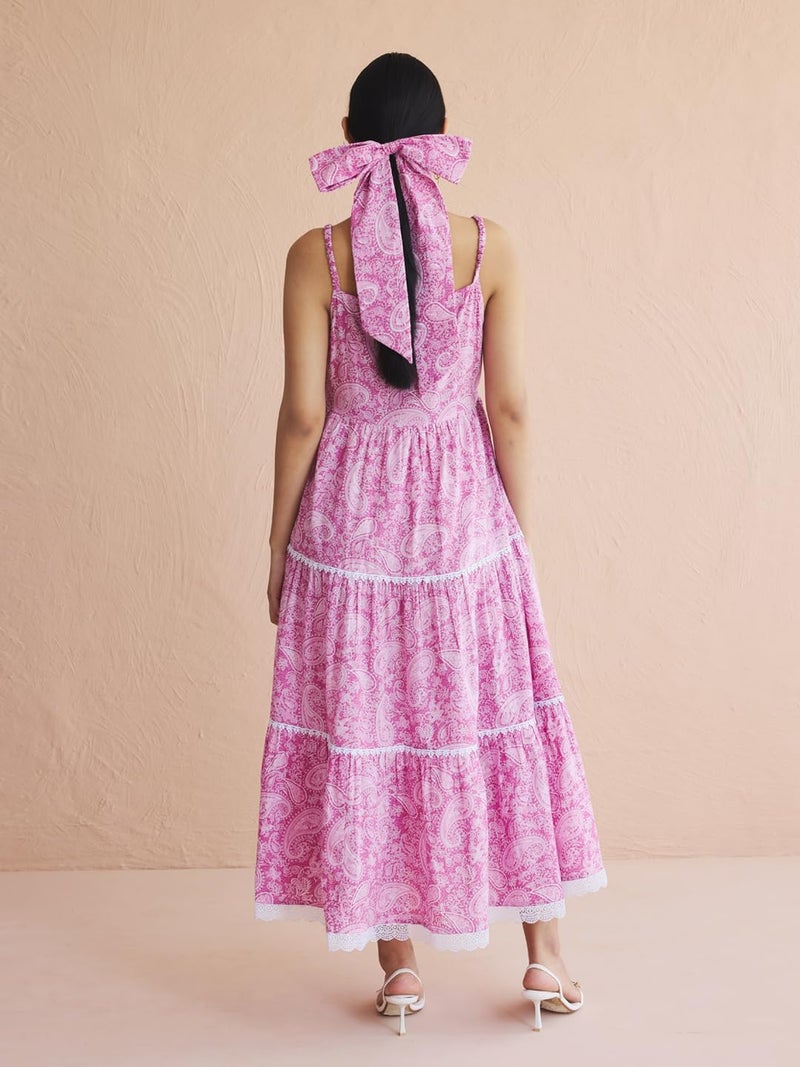 FIORRA Women's Pink Paisley Print Cotton Midi Dress with Lace Detailing DR0032 - Image 2
