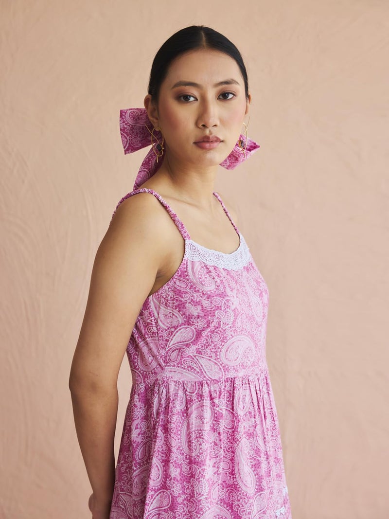 FIORRA Women's Pink Paisley Print Cotton Midi Dress with Lace Detailing DR0032 - Image 5