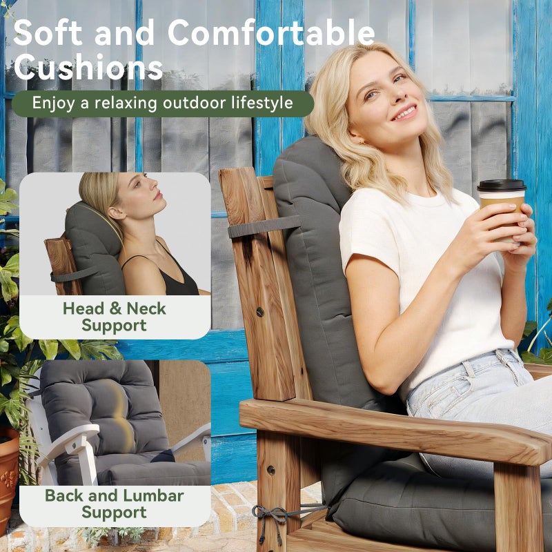 Aoxun Adirondack Chair Cushion, Indoor/Outdoor Rocking Chair Cushion with Ties, Thickened High Back Patio Chair Cushions with High Elasticity PP Cotton Water-Resistant, 2-Pack, Grey - Image 3