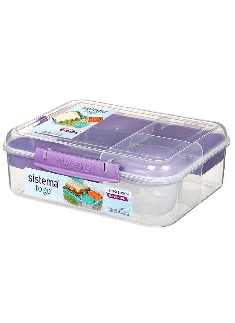 sistema - Sistema Bento Lunch To Go Online Range 1.65L Purple,  Stackable food storage, easy locking with clip to seal with multiple compartments and yogurt pot. Dishwasher safe and BPA Free. - Image 1