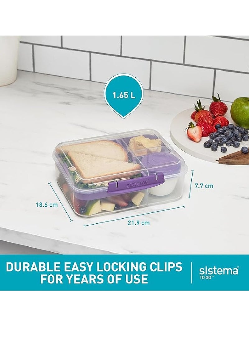 sistema - Sistema Bento Lunch To Go Online Range 1.65L Purple,  Stackable food storage, easy locking with clip to seal with multiple compartments and yogurt pot. Dishwasher safe and BPA Free. - Image 1