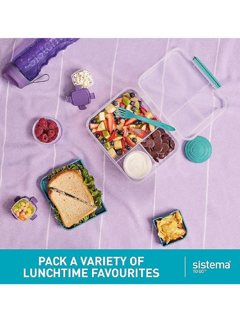 sistema - Sistema Bento Lunch To Go Online Range 1.65L Purple,  Stackable food storage, easy locking with clip to seal with multiple compartments and yogurt pot. Dishwasher safe and BPA Free. - Image 1