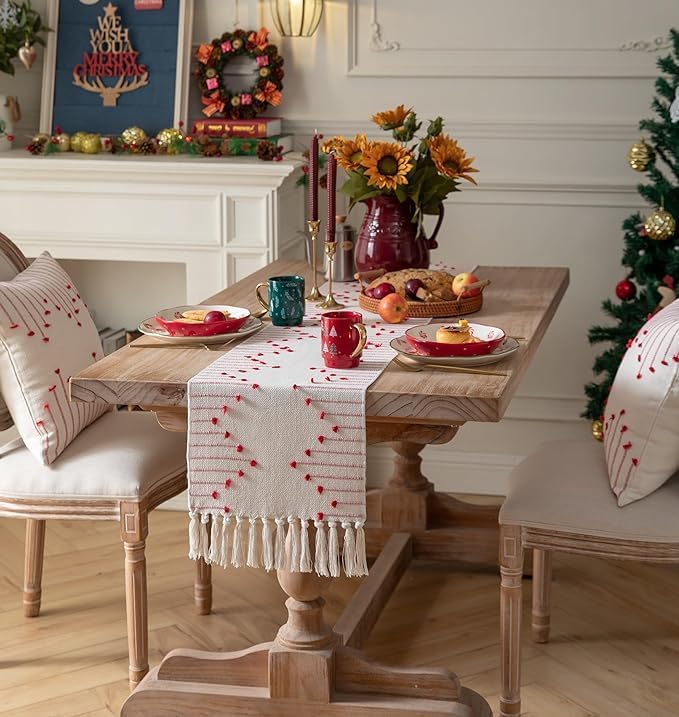 GLOY ® Luxurious 100% Natural Pure Cotton Material Handmade Heat Resistant and Washable 6 Seater Table Runner (Size-14"x72") for Dining Table Runner| Centre Table| Sofa Table (Red and White) - Image 3