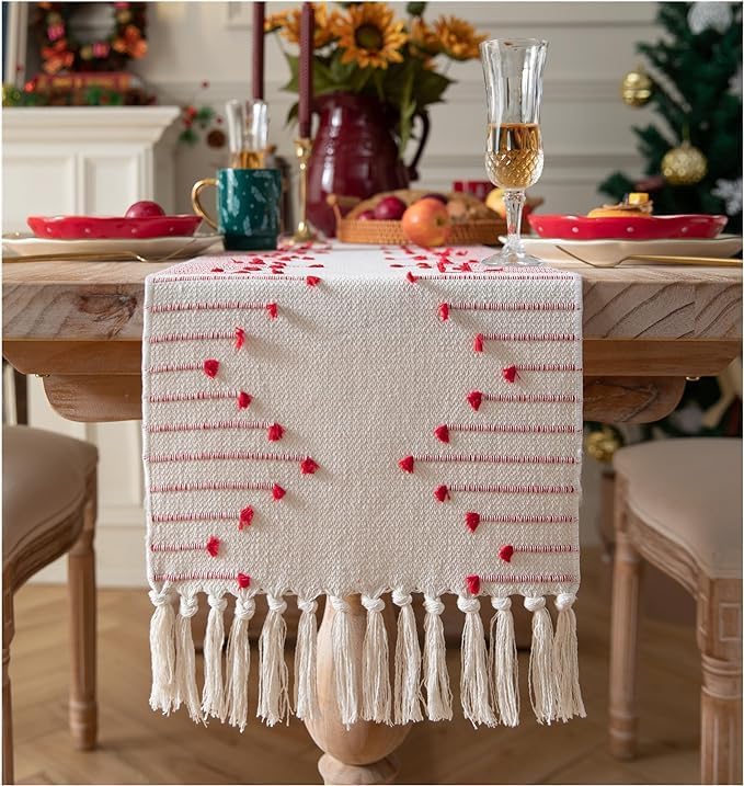 GLOY ® Luxurious 100% Natural Pure Cotton Material Handmade Heat Resistant and Washable 6 Seater Table Runner (Size-14"x72") for Dining Table Runner| Centre Table| Sofa Table (Red and White) - Image 1