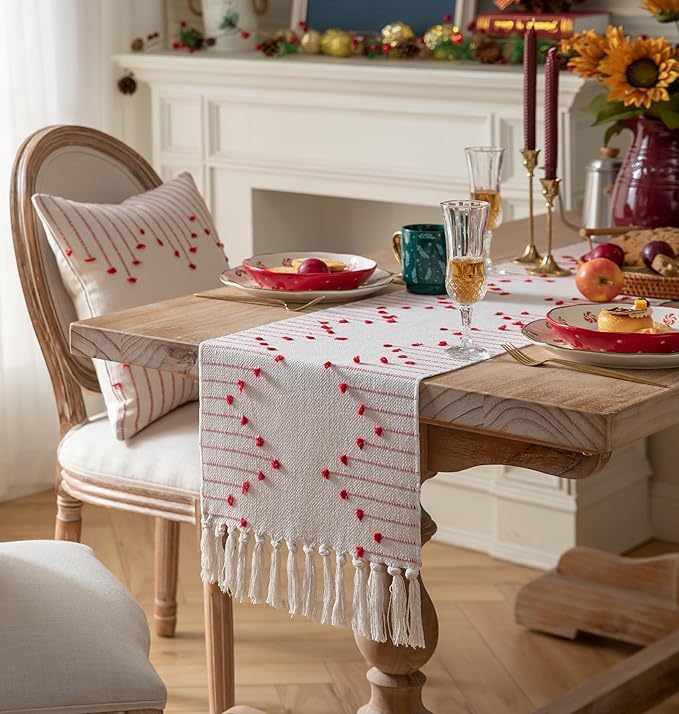 GLOY ® Luxurious 100% Natural Pure Cotton Material Handmade Heat Resistant and Washable 6 Seater Table Runner (Size-14"x72") for Dining Table Runner| Centre Table| Sofa Table (Red and White) - Image 2