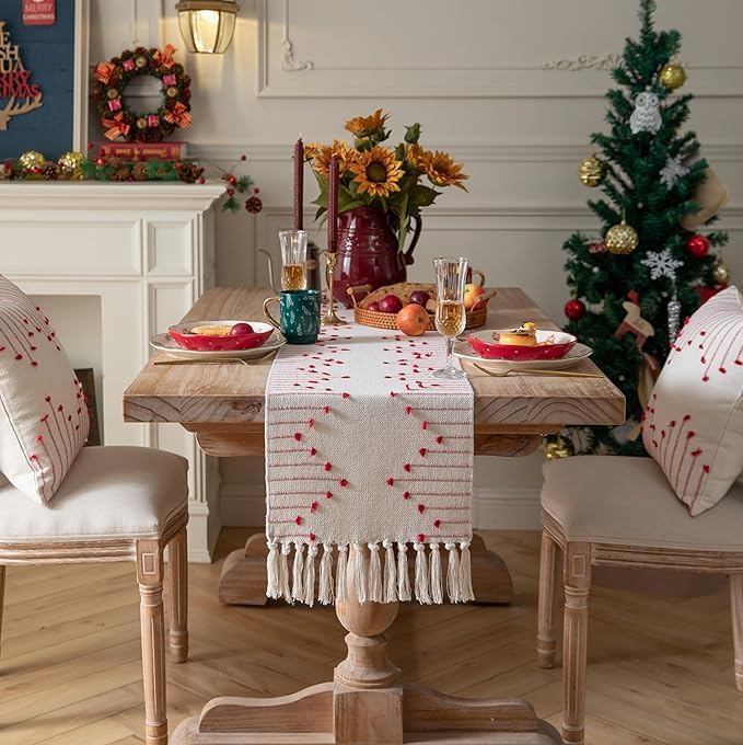 GLOY ® Luxurious 100% Natural Pure Cotton Material Handmade Heat Resistant and Washable 6 Seater Table Runner (Size-14"x72") for Dining Table Runner| Centre Table| Sofa Table (Red and White) - Image 5