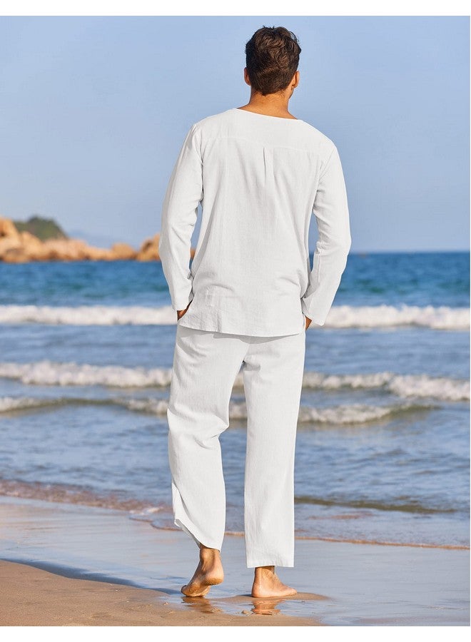 COOFANDY Men'S 2 Pieces Cotton Linen Set Henley Shirt Long Sleeve And Casual Beach Pants Summer Yoga Outfits - Image 5