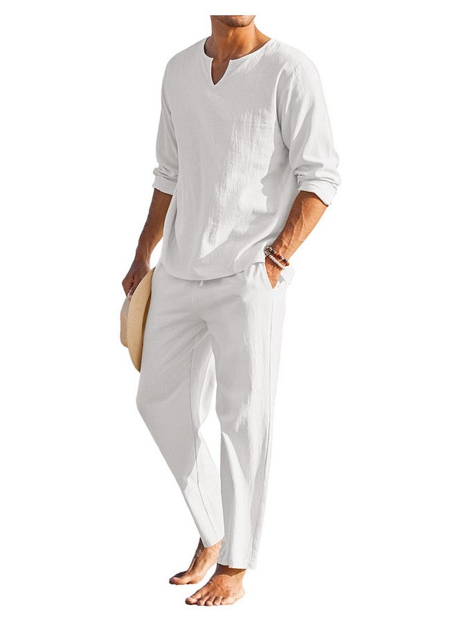 COOFANDY Men'S 2 Pieces Cotton Linen Set Henley Shirt Long Sleeve And Casual Beach Pants Summer Yoga Outfits - Image 2